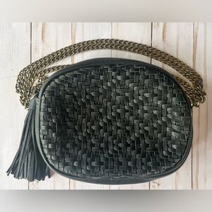 ANTIK KRAFT Women’s Black Woven Leather Oval Crossbody Bag Purse Boho Hippie